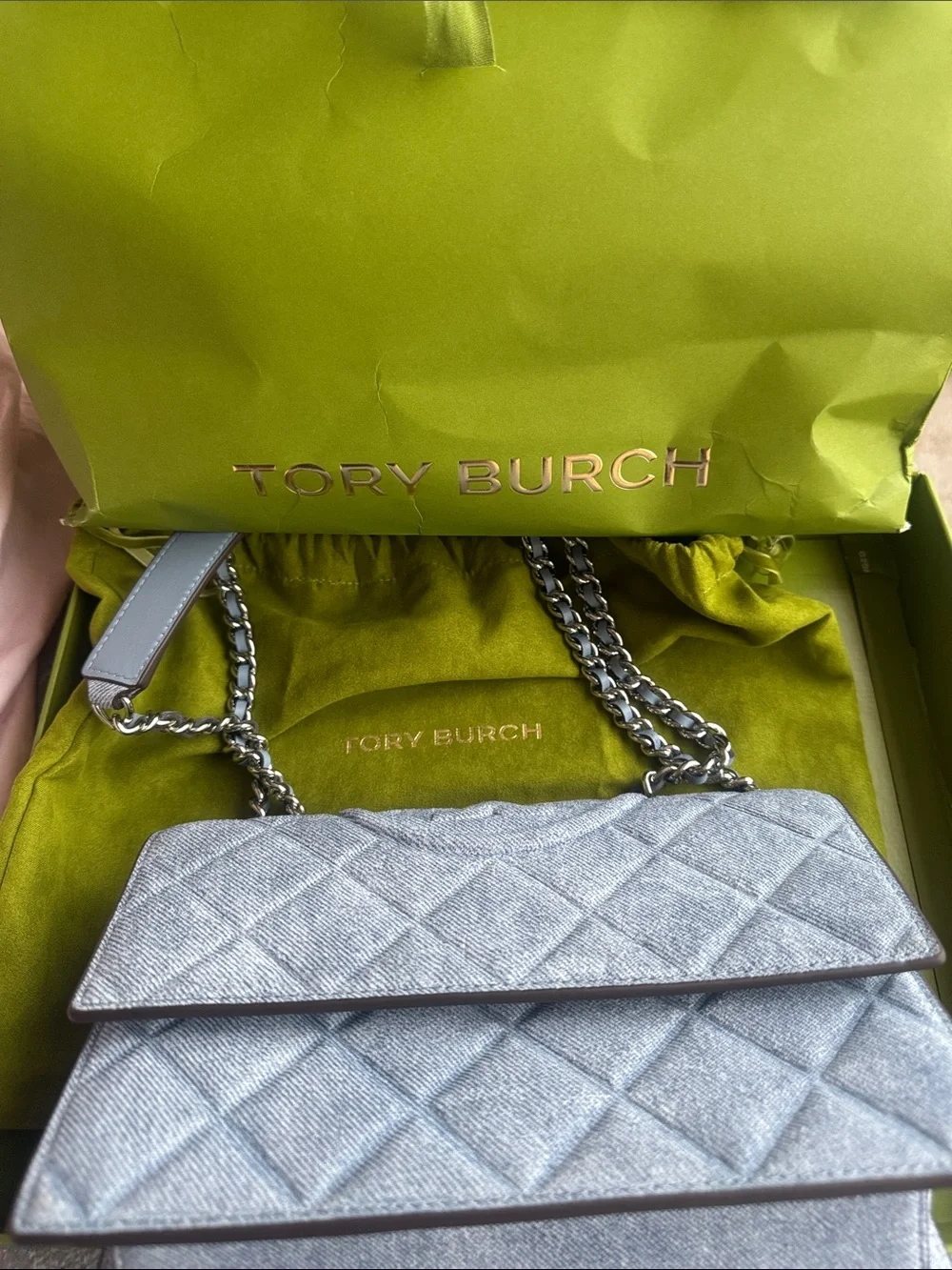Tory Burch Quilted Light Blue Denim Shoulder Bag